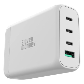 Stříbrná Monkey SMA152 130W 3xUSB-C PD USB-A QC 3.0 GaN nabíječka s odnímatelným napájecím kabelem – bílá