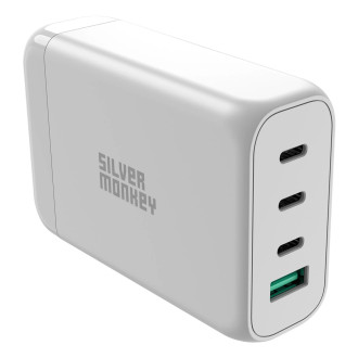 Stříbrná Monkey SMA152 130W 3xUSB-C PD USB-A QC 3.0 GaN nabíječka s odnímatelným napájecím kabelem – bílá