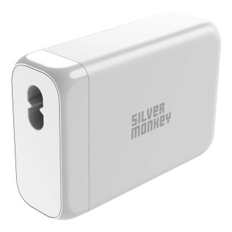 Stříbrná Monkey SMA152 130W 3xUSB-C PD USB-A QC 3.0 GaN nabíječka s odnímatelným napájecím kabelem – bílá