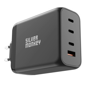 Stříbrná Monkey SMA153 200W nabíječka GaN 3xUSB-C PD USB-A QC 3.0 – černá