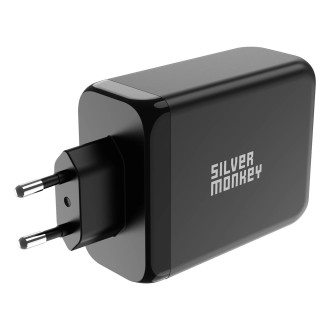 Stříbrná Monkey SMA153 200W nabíječka GaN 3xUSB-C PD USB-A QC 3.0 – černá