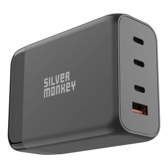 Stříbrná Monkey SMA155 200W 3xUSB-C PD USB-A QC 3.0 GaN nabíječka s odnímatelným napájecím kabelem – černá