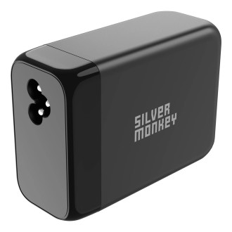 Stříbrná Monkey SMA155 200W 3xUSB-C PD USB-A QC 3.0 GaN nabíječka s odnímatelným napájecím kabelem – černá