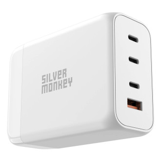 Stříbrná Monkey SMA156 200W 3x USB-C PD USB-A QC 3.0 GaN nabíječka s odnímatelným napájecím kabelem – bílá