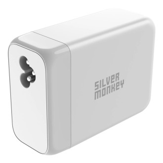 Stříbrná Monkey SMA156 200W 3x USB-C PD USB-A QC 3.0 GaN nabíječka s odnímatelným napájecím kabelem – bílá