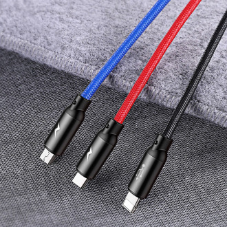 Baseus Three Primary Colors 3v1 USB - micro USB / Lightning / USB-C nylonový opletený kabel 3,5A 1,2M černý (CAMLT-BSY01)