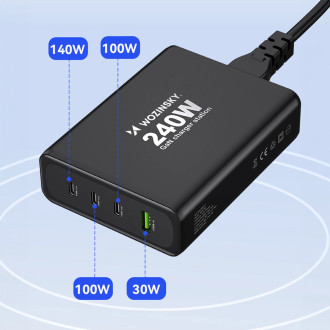 Wozinsky WGCSB 240W GaN nástěnná nabíječka USB-A / 3 x USB-C - černá