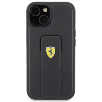 Pouzdro Ferrari Grip Stand Metal Logo pro iPhone 15 - černé