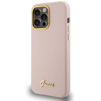 Pouzdro Guess Silicone Script Metal Logo &amp; Frame pro iPhone 15 Pro Max - růžové