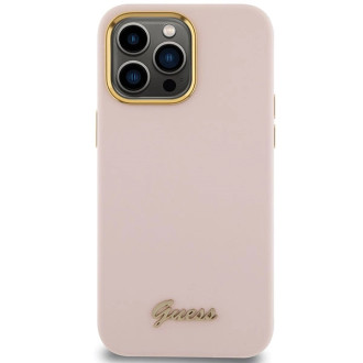 Pouzdro Guess Silicone Script Metal Logo &amp; Frame pro iPhone 15 Pro Max - růžové