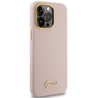 Pouzdro Guess Silicone Script Metal Logo &amp; Frame pro iPhone 15 Pro Max - růžové