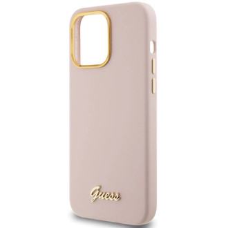 Pouzdro Guess Silicone Script Metal Logo &amp; Frame pro iPhone 15 Pro Max - růžové