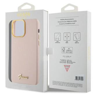 Pouzdro Guess Silicone Script Metal Logo &amp; Frame pro iPhone 15 Pro Max - růžové