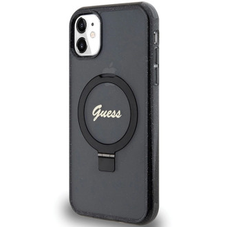 Guess Ring Stand Script Glitter MagSafe pouzdro pro iPhone 11 / Xr - černé