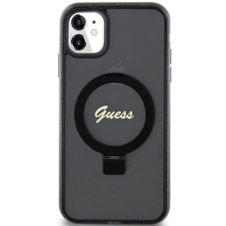 Guess Ring Stand Script Glitter MagSafe pouzdro pro iPhone 11 / Xr - černé