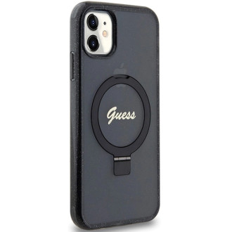 Guess Ring Stand Script Glitter MagSafe pouzdro pro iPhone 11 / Xr - černé