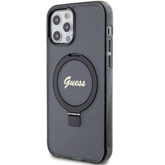 Guess Ring Stand Script Glitter MagSafe pouzdro pro iPhone 12/12 Pro - černé