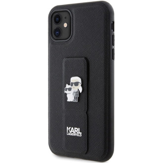 Karl Lagerfeld Gripstand Pouzdro Saffiano Karl&amp;Choupette Pins pro iPhone 11 / Xr - černé
