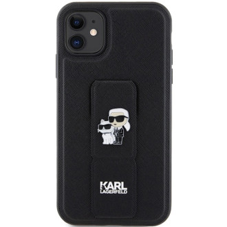 Karl Lagerfeld Gripstand Pouzdro Saffiano Karl&amp;Choupette Pins pro iPhone 11 / Xr - černé