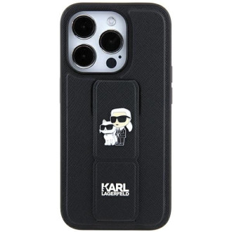 Karl Lagerfeld Gripstand Pouzdro Saffiano Karl&amp;Choupette Pins pro iPhone 11 / Xr - černé
