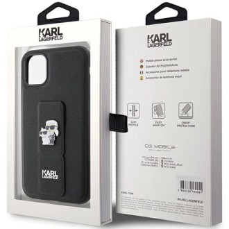 Karl Lagerfeld Gripstand Pouzdro Saffiano Karl&amp;Choupette Pins pro iPhone 11 / Xr - černé
