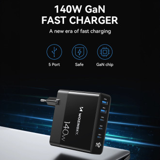 Wozinsky CGWCB 140W GaN nástěnná nabíječka 3 x USB-C / 2 x USB-A - černá