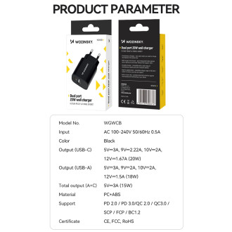 Wozinsky WGWCB USB-A USB-C 20W wall charger - black