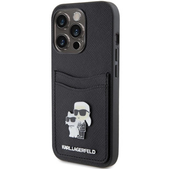 Karl Lagerfeld Saffiano Cardslot Karl&amp;Choupette Metal Pin case for iPhone 15 Pro - black