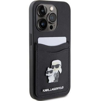 Karl Lagerfeld Saffiano Cardslot Karl&amp;Choupette Metal Pin case for iPhone 15 Pro - black