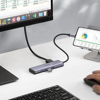 Ugreen CM512 90568 USB-C adapter - 2x USB-A 3.0 / HDMI / RJ45 / SD and TF card reader / USB-C PD 100W - gray