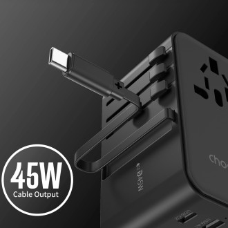 Choetech PD5021 45W EU/US/AUS/UK Travel Adapter with Built-in USB-C Cable - Black