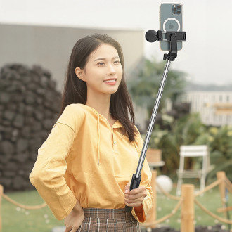 Selfie stick WH1YXS telescopic tripod 1m with round lamp and phone holder - black