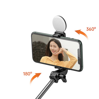 Selfie stick WH1YXS telescopic tripod 1m with round lamp and phone holder - black