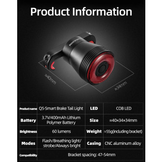Rockbros Q5 Rear Bike Light with Intelligent Stop System - Black