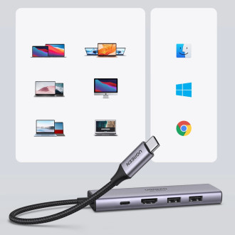 Ugreen multi-functional HUB USB Type C - 2x USB 3.2 Gen 1 / HDMI 4K 60Hz / SD and TF card reader / USB Type C PD 100W gray (60384 CM511)
