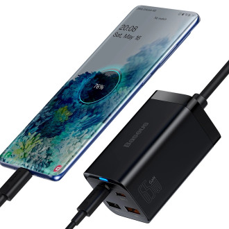 Baseus GaN3 Pro fast charger GaN 2 x USB Type C / 2 x USB 65W PD, QC4.0+, AFC, PPS + cable USB Type C - USB Type C 1m black (CCGP040101)