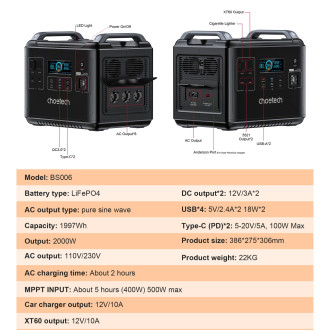 Choetech portable power station LiFePO4 1997Wh 2000W power bank black (BS006 Super Mini)