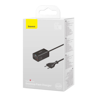 Baseus GaN3 Pro fast charger GaN 2 x USB Type C / 2 x USB 65W PD, QC4.0+, AFC, PPS + cable USB Type C - USB Type C 1m black (CCGP040101)