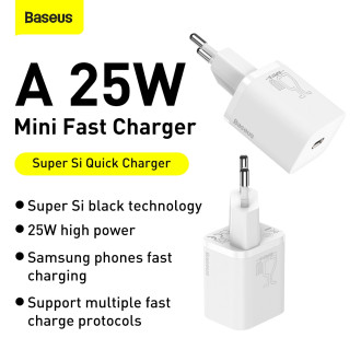 Baseus Si USB-C 25W 3A fast charger with USB-C / USB-C 1m cable - white