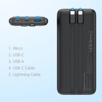 Powerbank Choetech B654 10000mAh 22.5W USB-A / USB-C / micro USB with built-in USB-C / Lightning cable - black