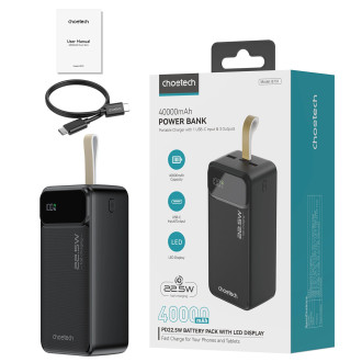 Choetech PD22.5W Dual USB-A+Type-C Power bank 40000mAh Black