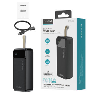 Choetech PD22.5W Dual USB-A+Type-C Power bank 30000mAh Black