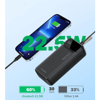 Choetech PD22.5W Dual USB-A+Type-C Power bank 30000mAh Black