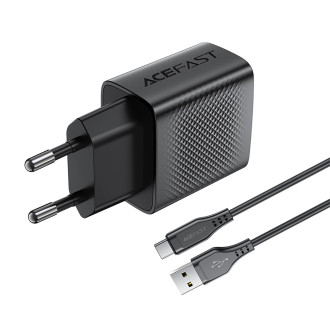 Acefast A90 GaN USB-A QC 18W network charger - black + USB-A / USB-C cable