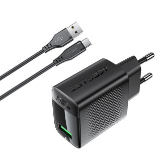 Acefast A90 GaN USB-A QC 18W network charger - black + USB-A / USB-C cable