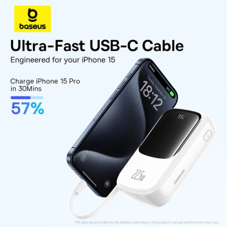 Baseus Qpow Pro+ 20000mAh 22.5W powerbank with built-in USB-C cable and display - white