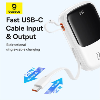 Baseus Qpow Pro+ 20000mAh 22.5W powerbank with built-in USB-C cable and display - white