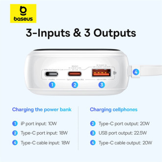 Baseus Qpow Pro+ 20000mAh 22.5W powerbank with built-in USB-C cable and display - white