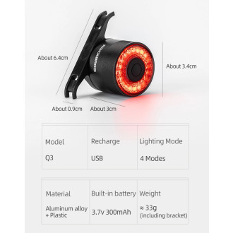 Rockbros Q3 rear bicycle lamp with intelligent stop system - black