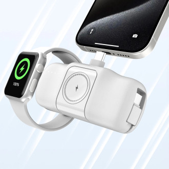 Wozinsky WF16-YCS 5000mAh 15W USB-C Mini Power Bank with Built-in USB-C Cable and Apple Watch Charger - White